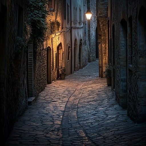 Narrow, lamplit cobblestone alley in a historic European town at night